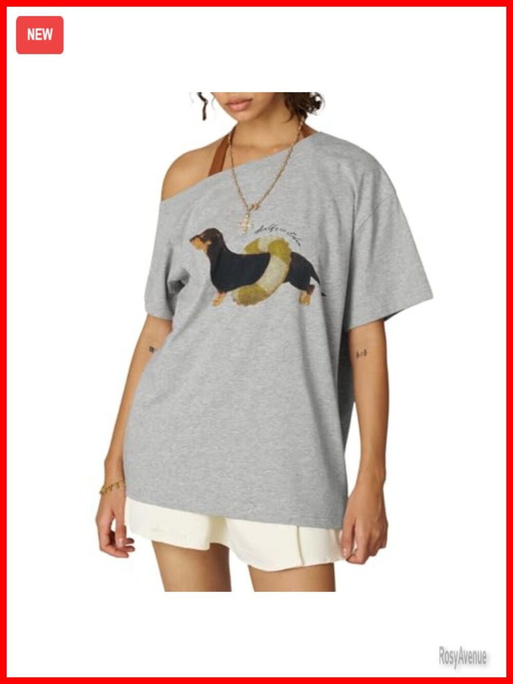 Off Shoulder Dachshund Graphic Tee Oversized Short Sleeve Y2K Summer